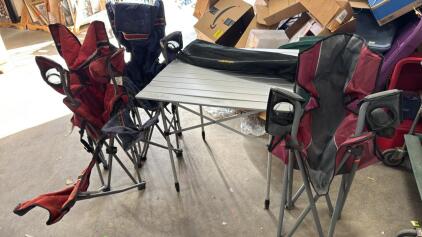 Cabela&rsquo;s Folding Camp Table 27.5&rdquo;x27.5&rdquo; , 2 Used Folding Camp Chairs W/ Foot Rest , 1 Regular Folding Camp Chair