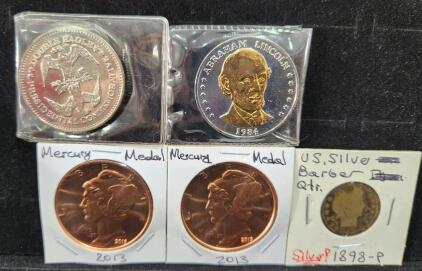 (1) U.S 1898-P Silver Barber Quarter (2) Novelty 2013 Mercury Medal One Ounce Copper Rounds (2) Novelty Commemorative Double Eagle Presidential Coins