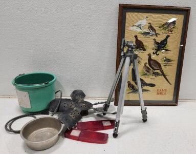 (1) Vintage 1960's Ford 5 Blade Cooling Fan (1) Vintage SV Kenlock Camera Tripod (1) Farm Innovators 3-gallon Heated Bucket And More