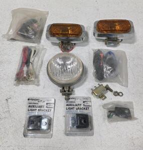 (2) Vintage Halogen Ushio Quartz-Halogen Amber Fog Light Japan (1) Power Halogen Light (2) Universal Auxiliary Light Brackets (3) Bags of Electric Light Parts