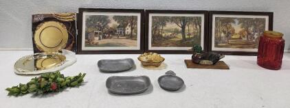 Vintage Decorative Collection: Artwork (all 20" x 14"), Metal Trays, Glass Vase, Duck Figurine