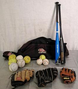 (1) Easton Baseball Gear Bag, (2) Aluminum Bats, (3) Gloves & (9) Assorted Balls