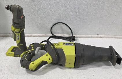 (1) Ryobi Reciprocating Saw P514, Corded, 6.5A, 2900 SPM, Green/Black (1) Ryobi Cordless 18V ONE+ JobPlus Multi-Tool (no batteries)