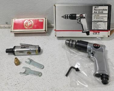 (1) JET Reversible Air Drill, 1000 RPM, 3/8 Inch Chuck, Includes Accessories (1) Astro Pnuematic 1/4" Mini Die Grinder w/ Safety Lever 5200