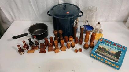 (1) Blue Speckled Stock Pot W/ Lid (1) Farberware Nonstick Cooking Pot (14) Pairs Of Salt And Pepper Shakers & More