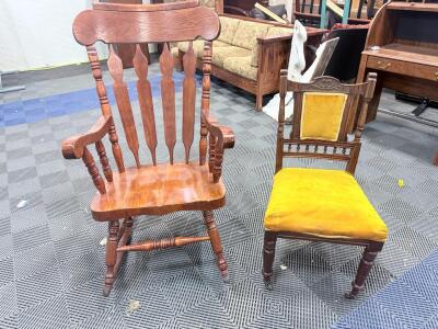 (1) Wooden Rocking Chair & (1) Yellow Fabric Accent Chair