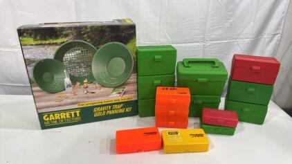 (8) Rifle Ammo Cases , (7) Hand Gun Ammo Cases ,(1) Garret Gold Panning Kit New