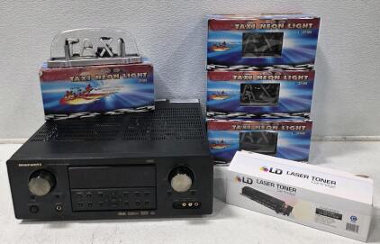 (1) Marantz SR5600 AV Surround Receiver, unable to test (4) Neon Tax Lights, unable to test (1) Okidata LD-42127403 Laser Toner Cartridge, Cyan box pen item unused