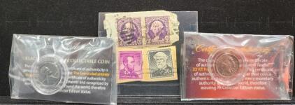 (1) Black Ruthenium Plated 1943 Lincoln Penny (1) 22KT Rose Gold Plated 1901 Indian Head Cent (1) Rober E. Lee 30-cent Stamp (1) Abraham Lincoln 4-cent Stamp (2) George Washington 3-cent Stamps