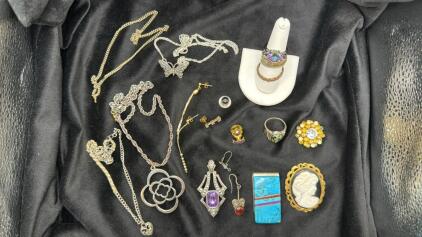 Assorted Lot Of Costume Jewelry Rings , Brooch , Pendant, Money Clip & More