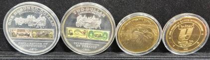 (1) 1875 $100 Declaration of Independence Commemorative Color Coin (1) 1863 $2 Introduction of Tobacco Commemorative Color Coin (1) Christian Edge American Bald Eagle Challenge Coin (1) 1992 United Gaming Inc Collectible Casino Token