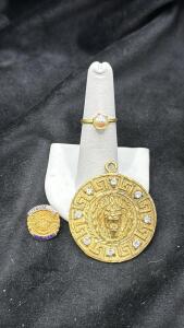 Gold Toned Ring Stamped 18K , Lions Head Pendant Stamped 14k , Vintage Dale Carnegie Courses Lapel Pin Stamped 10K Gold Filled
