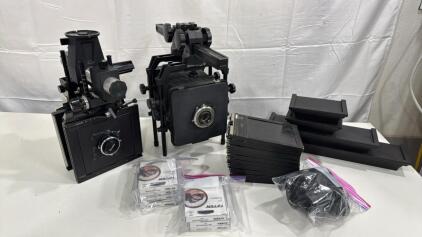 (1) Large Format Monorail View Sinar Camera W/ Wollensak (1) Cambo Monorail Large Format View Camera W/ Kodak Lens (10) Vintage 4x5 Film Holders (7) 77mm UV Lens Covers & More &hellip;