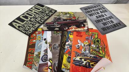 (1) 12&rdquo;x 7.75&rdquo; Rat Fink Tin Sign (8) 7.75&rdquo;x11.75&rdquo; Rat Fink Canvas Posters (2) Alcohol Themed Tin Signs 12&rdquo;x7.75&rdquo;