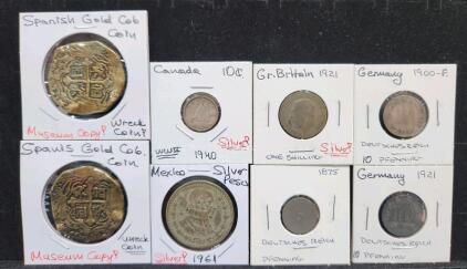 (2) Replica Spanish Gold Cob Coin (1) 1961 Mexico Silver Peso (1) 1940 Canadian 10-Cent Coin And More