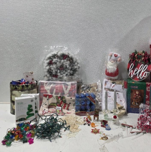 (1) Christmas Santa Toymaker Figurine Traditions Fabric Mache Toys w Box 11" (1) Traditions Angel Tree Topper (2) 50 LED Crystal Pearl Lights (1) Lg. Tin of Bows