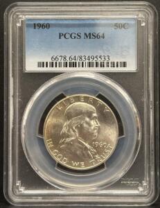 1960 Franklin Half Dollar, MS64 by PCGS, 90% Silver, Serial 6678.64/83495533
