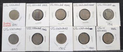 (10) U.S. 1891-1912 Five Cent Nickel Coins