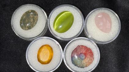 (5) GemStones No COA&rsquo;s - 8.90ct. Natural Moss Agate Oval Gemstone, 10.95ct. Faceted Natural Rose Quartz Gemstone, 10.70ct. Rainbow Druzy Quartz, 10.05ct. Cyan Cat&rsquo;s Eye Gemstone, 9.15ct. Yellow Tourmaline Gemstone