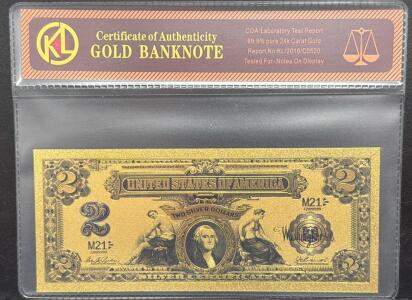 $2 Silver Certificate Replica, KL Gold Banknote, 24k Gold-Plated