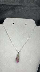 Beautiful Natural Ruby & Zoisite WaterDrop Gemstone W/.925 Silver Necklace