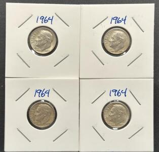 1964 Roosevelt Dimes, 90% Silver, Set of 4 Coins