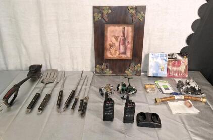 (2) Cobra Walkie Talkies, USB Rechargeable, (2) Vintage Fishing Reels & Assorted Household Hardware