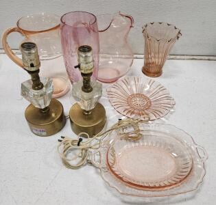 (1) Anchor Hocking Mayfair "Open Rose" Pink Depression Glass Oval Handled Vegetable Bowl (1) Vintage Anchor Hocking "Old Cafe" Pink Depression Glass Dish (1) Macbeth Evans American Sweetheart Pink Depression Glass Pitcher And More