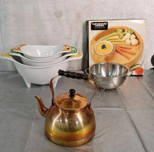 (1) Copper Teapot, (1) 3-Piece Melamine Colander Set, (1) Metal Colander & (1) Wooden Snack Tray