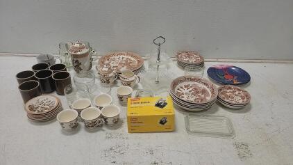 Assorted Porcelain and Glass Dinnerware Set, Floral and Reindeer Pattern