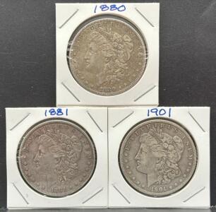 Morgan Silver Dollar Coins, 1880, 1881, 1901, US Mint