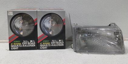 (2) Ushio 6" Round Off Road Quartz-Halogen Lights, Bulb Type: Quartz-Halogen **Like New Still in Original Pkg.**(1) Ford &lsquo;93 F-150 Passengers Side Headlight Replacement Shell, **Like New**