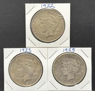 1922, 1923, 1925 United States Peace Dollar Coins, Silver, Anthony de Francisci Design
