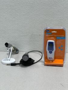 (CDVU-03IP) is a high-quality webcam that doubles as a document camera /+$300Value, designed for flexibility and ease of use in educational or professional settings, (1) Wired Microphone,(1)Infrared Thermometer.