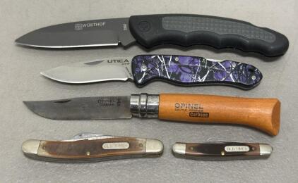 Set of Folding Knives: W&uuml;sthof 2897, Opinel No. 8, Utica, Old Timer