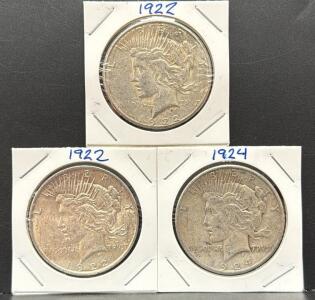 (3) 1922 & 1924 Peace Dollar Coins, United States, Silver, Anthony de Francisci Design
