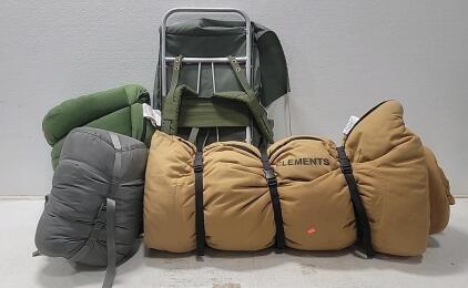 (3) Sleeping Bags and External Frame Backpack, Mummy & Rectangular Styles