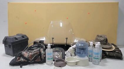 Camouflage Backpack with Hydration Compartment, Zipper Closure (4) Bottles of Sanitizer (1) Camo Coveralls (1) Steamer