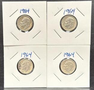 (4) 1964 U.S. Mint Roosevelt Dime, 90% Silver, No Mint Mark (Philadelphia)