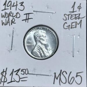 (1) 1943 MS65 World War II Steel Wheat Cent