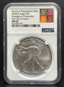2020 Silver Eagle Coin, MS 69, Philadelphia Mint, Emergency Production