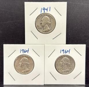 (3) 1964 & 1941 Washington Quarters, Silver 90%, No Mint Mark