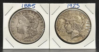 U.S. Mint Silver Dollars, Morgan 1885 & Peace 1923, 90% Silver