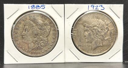 1923 Peace Dollar & 1885 Morgan Dollar, Silver, U.S. Mint