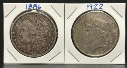 1922 Peace Dollar and 1886 Morgan Dollar, U.S. Silver Coins
