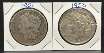 1901 Morgan Dollar & 1923 Peace Dollar, U.S. Silver Coins
