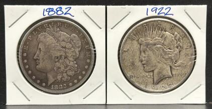 1882 Morgan Dollar & 1922 Peace Dollar, U.S. Silver Coins