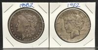 1882 Morgan Dollar & 1922 Peace Dollar, U.S. Silver Coins