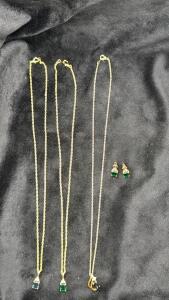 (3) Gold Toned Necklaces W/ Gold Toned Pendants W/ Stones Inset & (1) Pair Or Gold Toned Earrings W/ Stones Inset