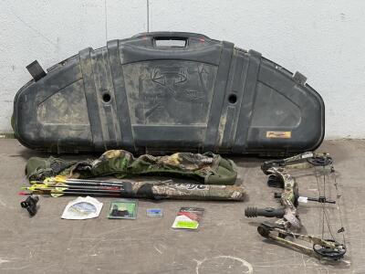 Martin Archery compound bow and accompanying accessories, including a hard case, a soft case, and arrows. Similar used Martin compound bows.